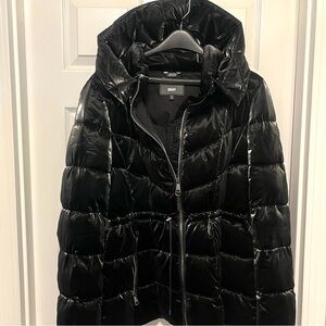 DKNY Shiny Black Puffer hooded Anorak Coat Women Large